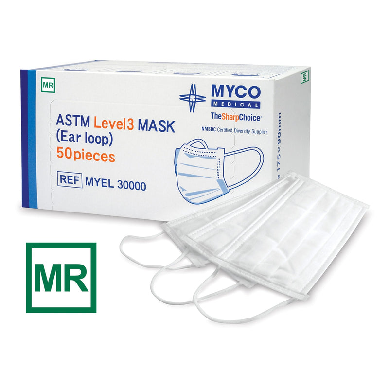 Procedure Mask MYCO MR Safe MRI Safe Pleated Earloops One Size Fits Most White NonSterile ASTM Level 3 Adult MYEL30000