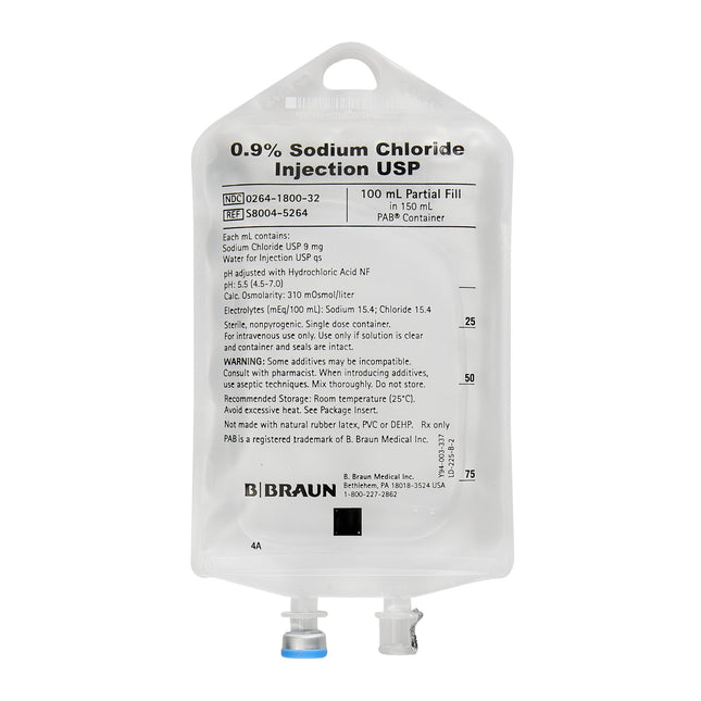 B. Braun Medical | Replacement Preparation Sodium Chloride, Preservative Free 0.9% IV Solution Flexible Bag 100 mL Fill in 150 mL | S8004-5264-64