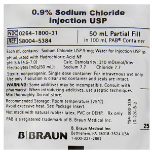 Replacement Preparation Sodium Chloride, Preservative Free 0.9% IV Solution Flexible Bag 50 mL Fill in 100 mL S8004-5384-1