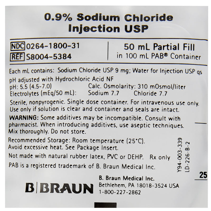 Replacement Preparation Sodium Chloride, Preservative Free 0.9% IV Solution Flexible Bag 50 mL Fill in 100 mL S8004-5384-1