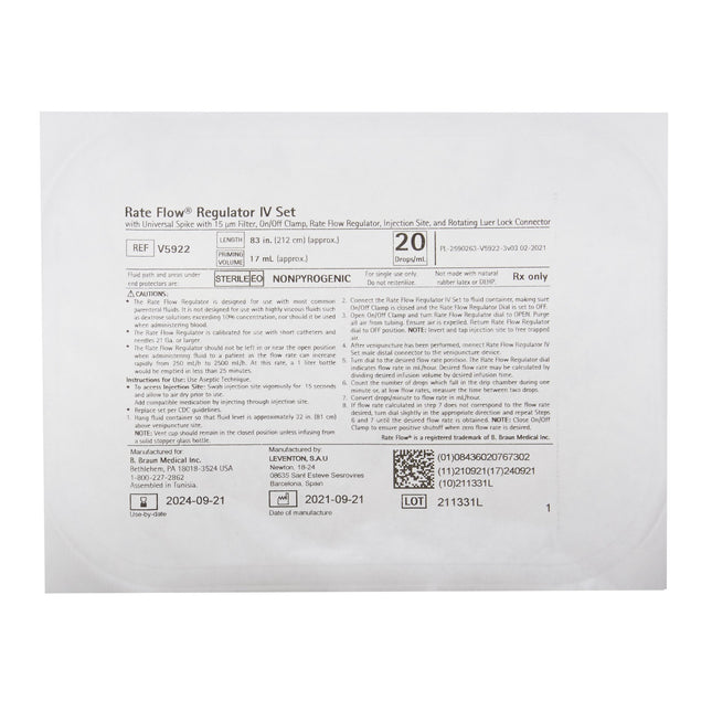 B. Braun Medical | Primary IV Administration Set Rate Flow Gravity 1 Port 20 Drops / mL Drip Rate 15 Micron Filter 84 Inch Tubing Solution | V5922-50