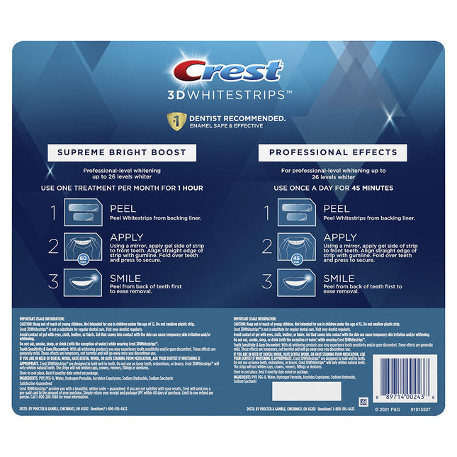 Crest | Crest 3D Whitestrips Prof. Eff. 20 ct. + Supreme Bright Boost 8 ct | 287065