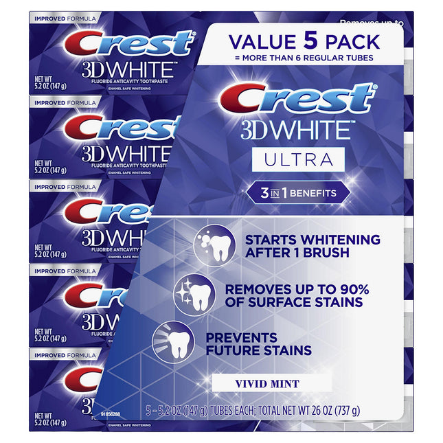 Crest | Crest 3D White Ultra Teeth Whitening Toothpaste, Vivid Mint, 5 pk./5.2 oz. | 289273