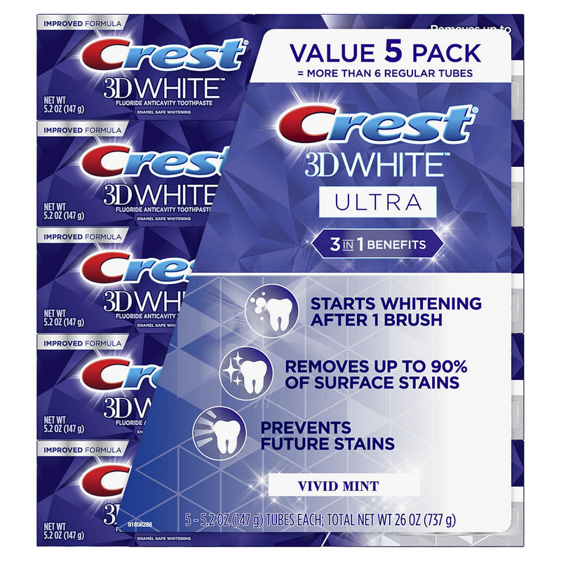 Crest 3D White Ultra Teeth Whitening Toothpaste, Vivid Mint, 5 pk./5.2 oz. 289273