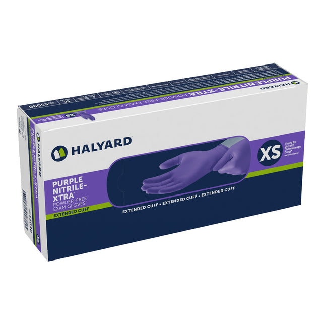 Exam Glove Purple Nitrile-Xtra NonSterile Nitrile Extended Cuff Length Textured Fingertips Purple Chemo Tested | 55090-50 | O&M Halyard Inc | SurgiMac