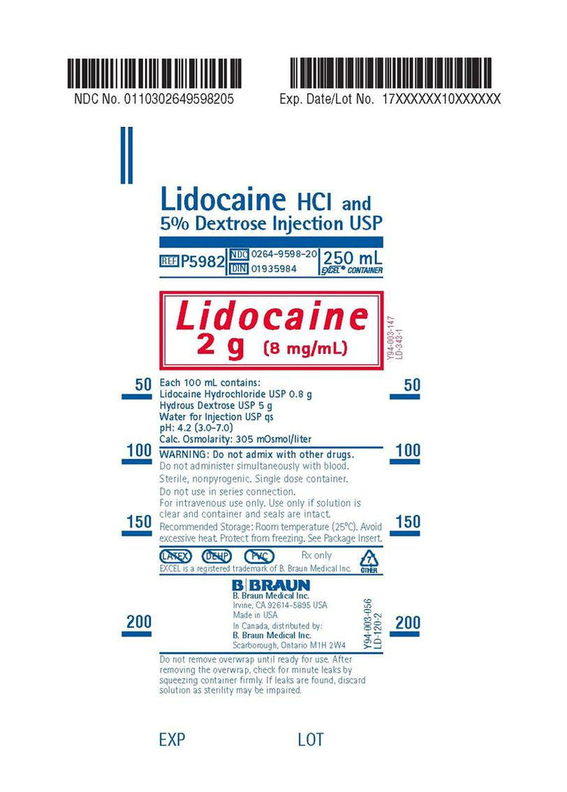 Lidocaine HCl / Dextrose 5%, Preservative Free 8 mg / mL IV Solution Flexible Bag 250 mL P5982
