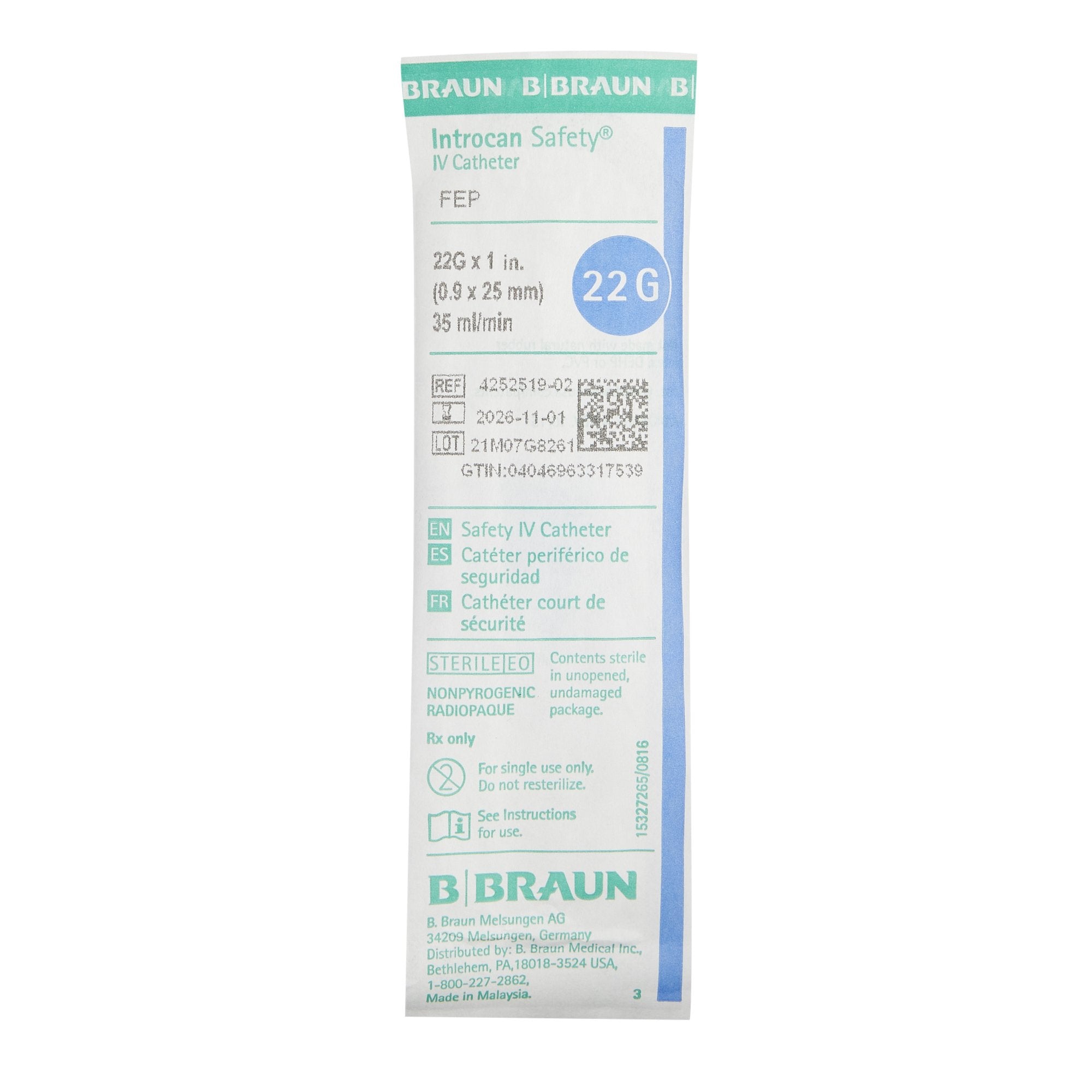 B. Braun Medical Peripheral IV Catheter Introcan Safety 22 Gauge 1