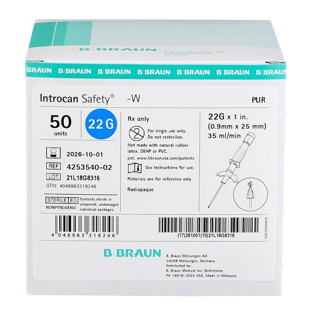 B. Braun Medical | Peripheral IV Catheter Introcan Safety 22 Gauge 1 Inch Sliding Safety Needle | 4253540-02-50