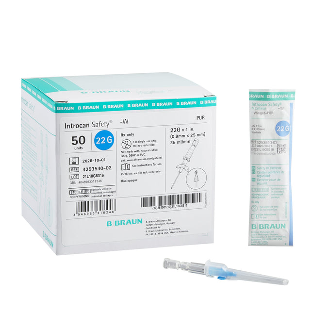 B. Braun Medical | Peripheral IV Catheter Introcan Safety 22 Gauge 1 Inch Sliding Safety Needle | 4253540-02-50