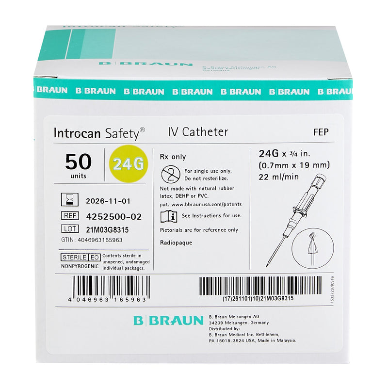 Peripheral IV Catheter Introcan Safety 24 Gauge 0.75 Inch Sliding Safety Needle 4252500-02-50