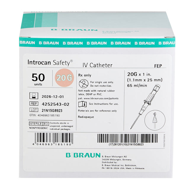 B. Braun Medical | Peripheral IV Catheter Introcan Safety 20 Gauge 1 Inch Sliding Safety Needle | 4252543-02-50