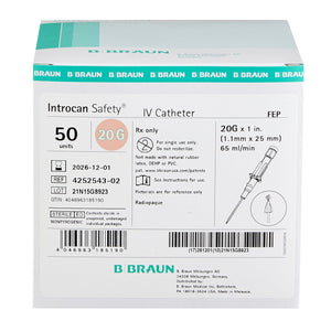 Peripheral IV Catheter Introcan Safety 20 Gauge 1 Inch Sliding Safety Needle 4252543-02-50