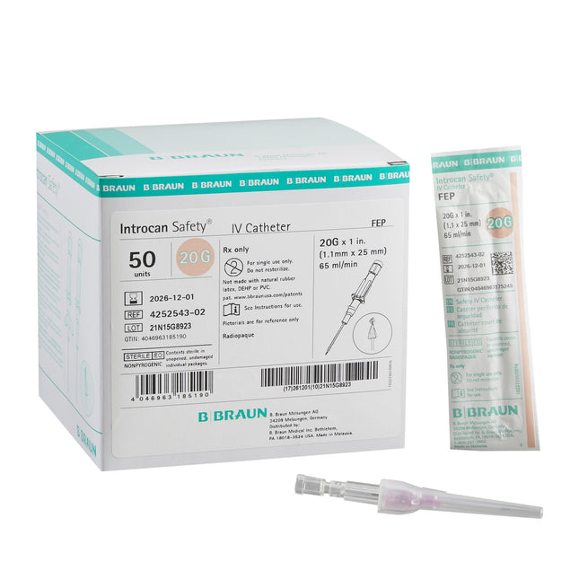 B. Braun Medical | Peripheral IV Catheter Introcan Safety 20 Gauge 1 Inch Sliding Safety Needle | 4252543-02-50