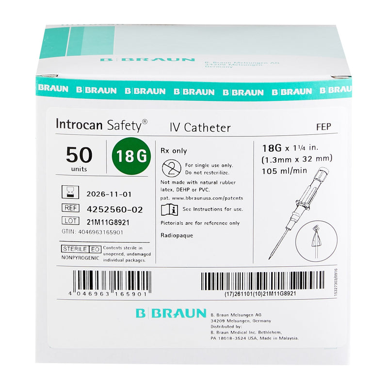 Peripheral IV Catheter Introcan Safety 18 Gauge 1.25 Inch Sliding Safety Needle 4252560-02-50