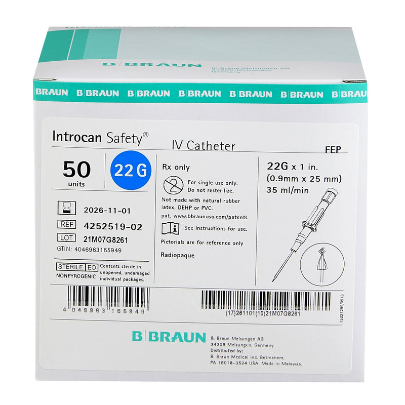 Peripheral IV Catheter Introcan Safety 22 Gauge 1 Inch Sliding Safety Needle 4252519-02-50
