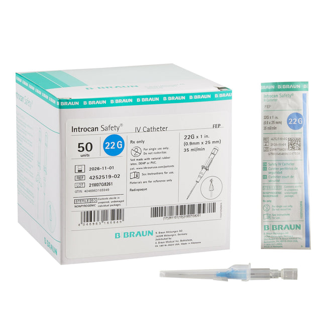 B. Braun Medical | Peripheral IV Catheter Introcan Safety 22 Gauge 1 Inch Sliding Safety Needle | 4252519-02-50