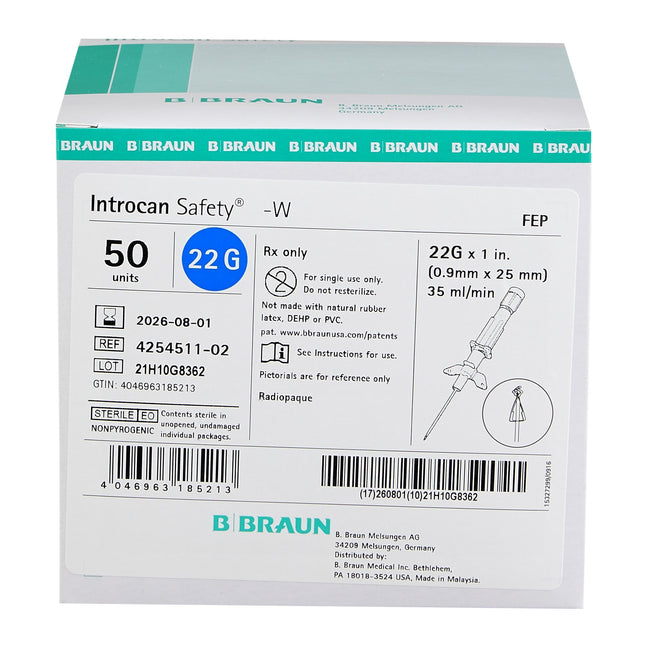 B. Braun Medical | Peripheral IV Catheter Introcan Safety 22 Gauge 1 Inch Sliding Safety Needle | 4254511-02-50