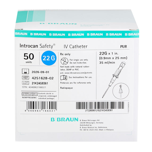 B. Braun Medical | Peripheral IV Catheter Introcan Safety 22 Gauge 1 Inch Sliding Safety Needle | 4251628-02-50