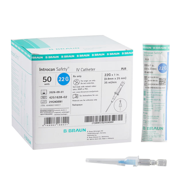 B. Braun Medical | Peripheral IV Catheter Introcan Safety 22 Gauge 1 Inch Sliding Safety Needle | 4251628-02-50