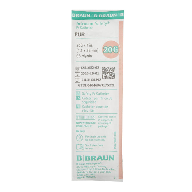 B. Braun Medical | Peripheral IV Catheter Introcan Safety 20 Gauge 1 Inch Sliding Safety Needle | 4251652-02-1