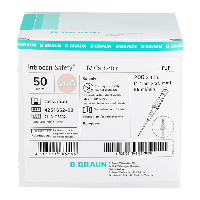 BBraun Peripheral IV Catheter Introcan Safety 20 Gauge 1 Inch Sliding Safety Needle 4251652-02-1