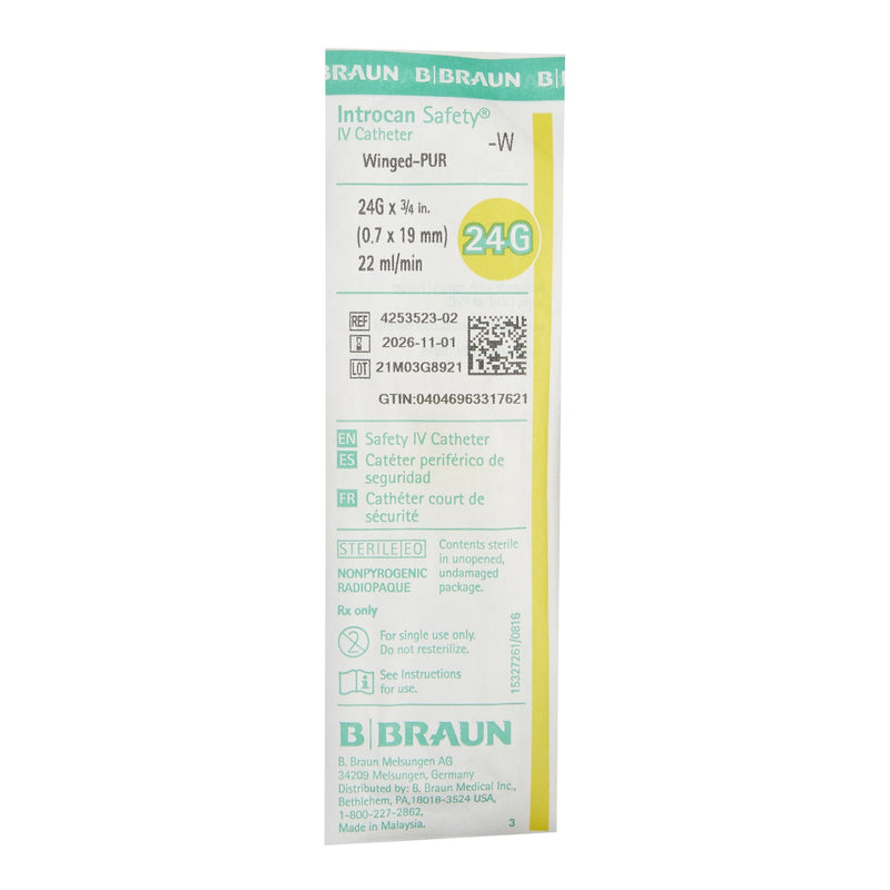 Peripheral IV Catheter Introcan Safety 24 Gauge 0.75 Inch Sliding Safety Needle 4253523-02-50