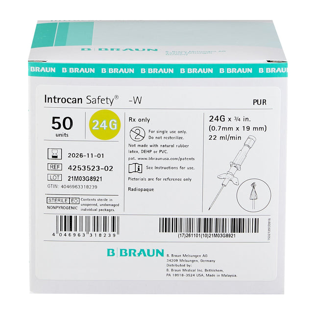 B. Braun Medical | Peripheral IV Catheter Introcan Safety 24 Gauge 0.75 Inch Sliding Safety Needle | 4253523-02-50