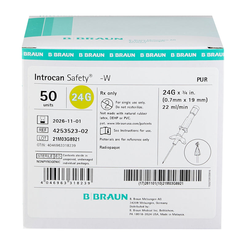Peripheral IV Catheter Introcan Safety 24 Gauge 0.75 Inch Sliding Safety Needle 4253523-02-50