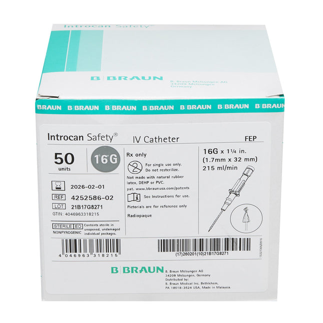 B. Braun Medical | Peripheral IV Catheter Introcan Safety 16 Gauge 1.25 Inch Sliding Safety Needle | 4252586-02-50