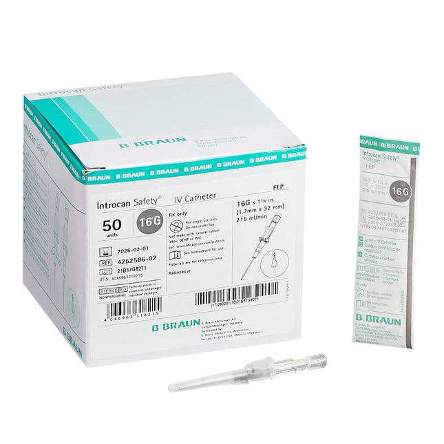 B. Braun Medical | Peripheral IV Catheter Introcan Safety 16 Gauge 1.25 Inch Sliding Safety Needle | 4252586-02-50