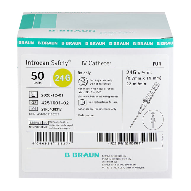 B. Braun Medical | Peripheral IV Catheter Introcan Safety 24 Gauge 0.75 Inch Sliding Safety Needle | 4251601-02-50