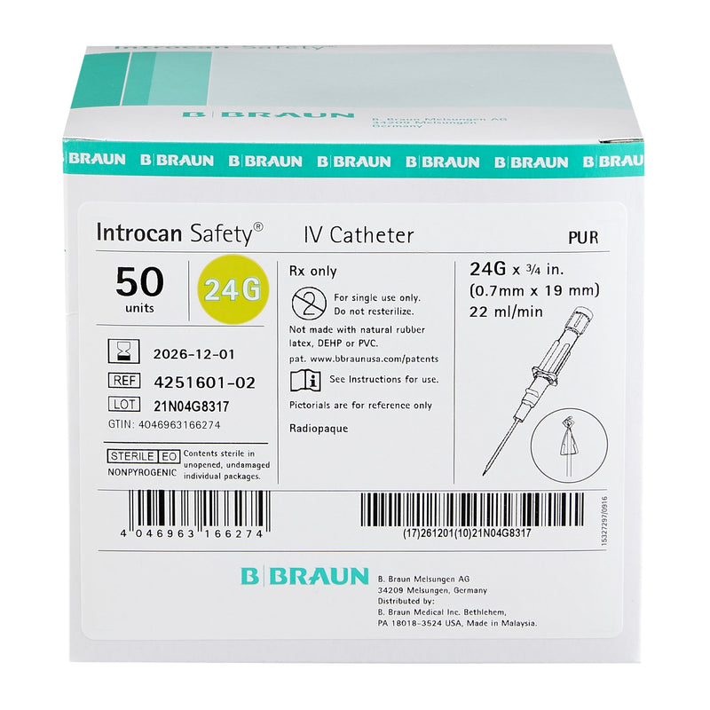 Peripheral IV Catheter Introcan Safety 24 Gauge 0.75 Inch Sliding Safety Needle 4251601-02-50