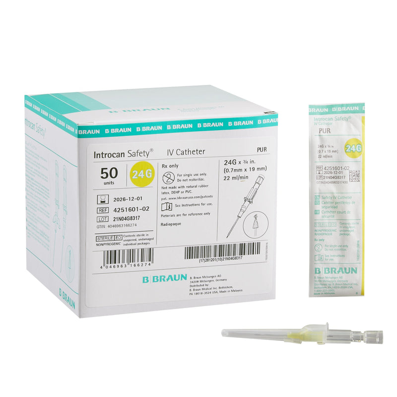 Peripheral IV Catheter Introcan Safety 24 Gauge 0.75 Inch Sliding Safety Needle 4251601-02-50