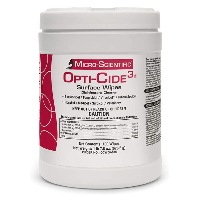 Micro Scientific Industries | Opti-Cide3® Surface Disinfectant Cleaner Premoistened Broad Spectrum Manual Pull Wipe 100 Count Canister | MSI100