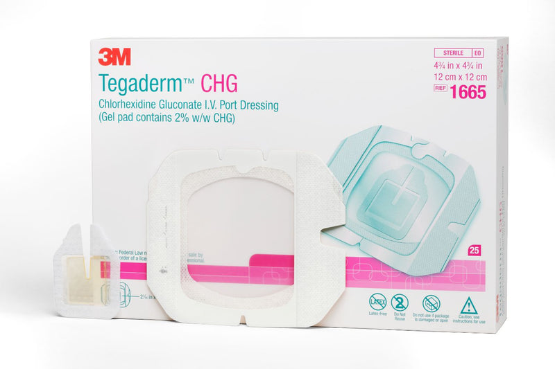 I.V. Dressing with CHG 3M™ Tegaderm™ CHG (Chlorhexidine Gluconate) / Film 4-3/4 X 4-3/4 Inch Sterile 1665-25