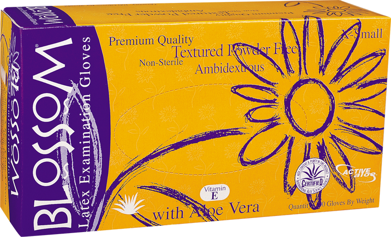Blossom Latex Powder Free Textured Exam Gloves with Aloe Vera + Vitamin E BM 12225-PF-VE