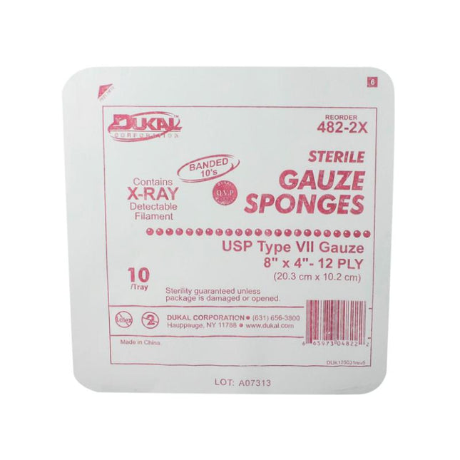 Dukal | Sterile X-Ray Detectable Type VII Gauze Sponges 8" X 4" 12-Ply | 482-2X