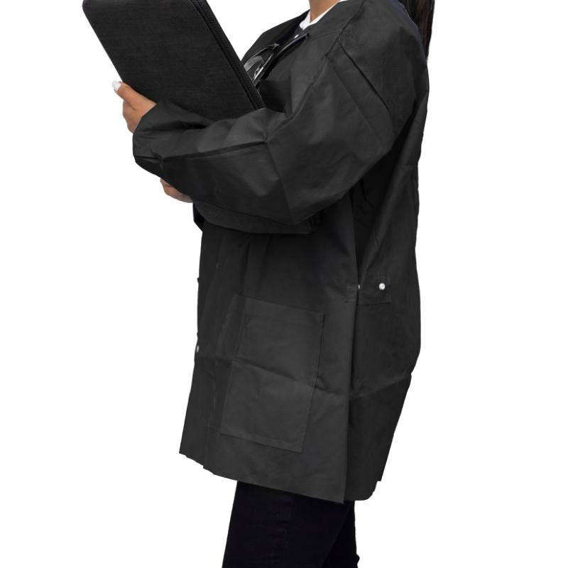 Dukal | Lab Jacket FitMe Black Hip Length 3-Layer SMS Disposable | UGJ-6500-S