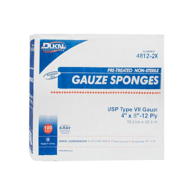 Dukal | Non-Sterile X-Ray Detectable Type VII Gauze Sponges 8" X 4" 12-Ply | 4812-2X