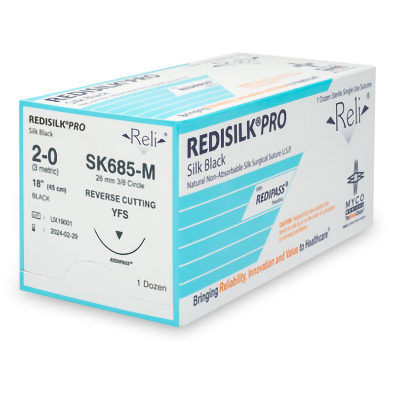 Nonabsorbable Suture with Needle Reli Redisilk Silk MFS 3/8 Circle Reverse Cutting Needle Size 2 - 0 Braided SK685-M