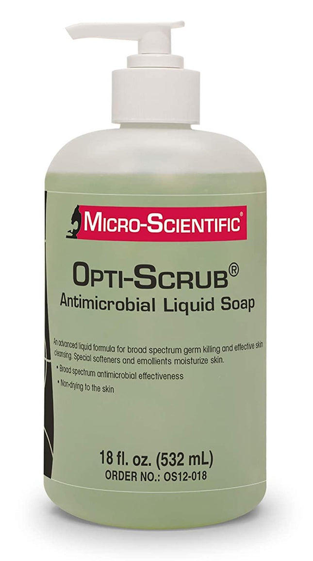 Micro Scientific Industries | Opti-Scrub Antimicrobial Liquid Soap, Broad Spectrum, Non-Drying, 18 Ounce | OS12-018