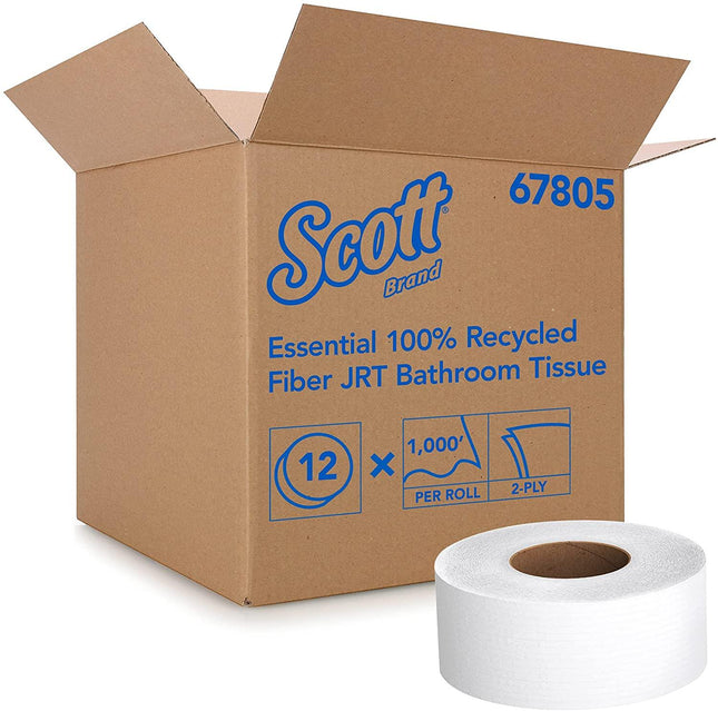 ‎Kimberly-Clark | Scott Essential Jumbo Roll JR. Commercial Toilet Paper (67805), 100% Recycled Fiber, 2-PLY, White, 12 Rolls / Case, 1000' / Roll | 67805