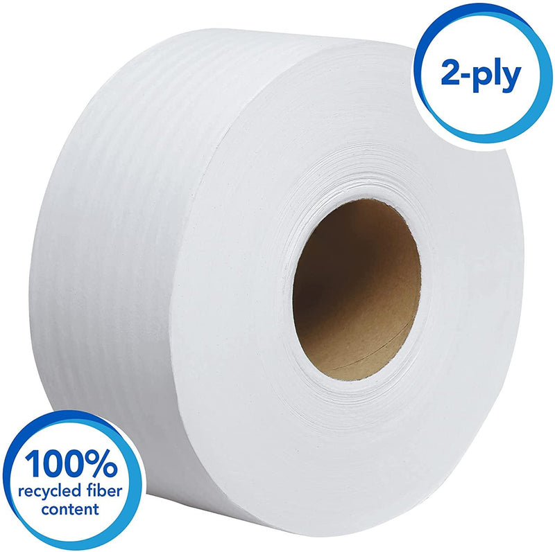 Scott Essential Jumbo Roll JR. Commercial Toilet Paper (67805), 100% Recycled Fiber, 2-PLY, White, 12 Rolls / Case, 1000' / Roll 67805