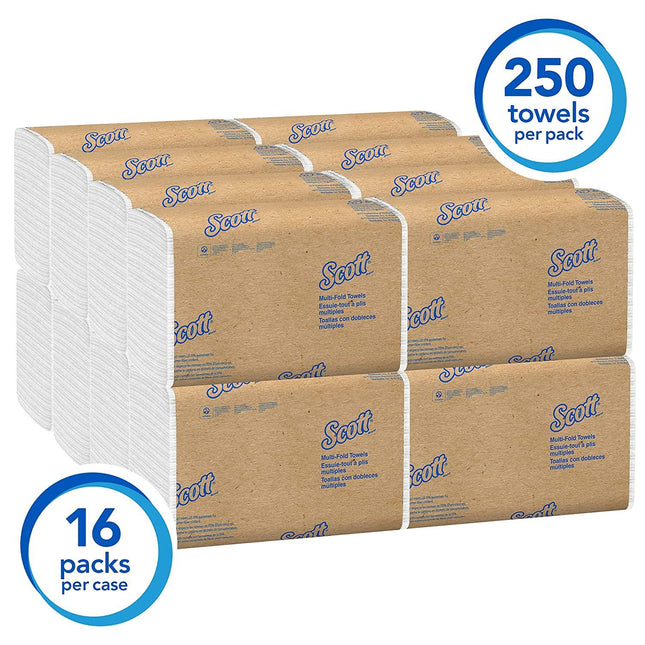 ‎Kimberly-Clark | Scott Essential Multifold Paper Towels (01804) with Fast-Drying Absorbency Pockets, White, 16 Packs / Case, 250 Multifold Towels / Pack | 01804