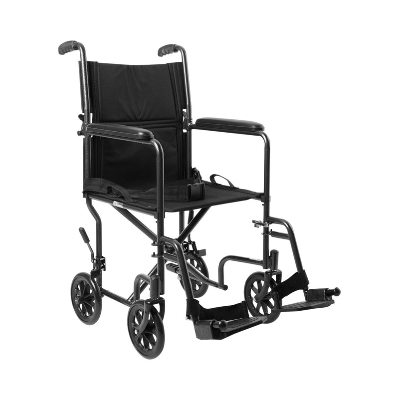 Lightweight Transport Chair McKesson Steel Frame with Silver Vein Finish 250 lbs. Weight Capacity Fixed Height / Padded Arm Black Upholstery 146-TR39E-SV