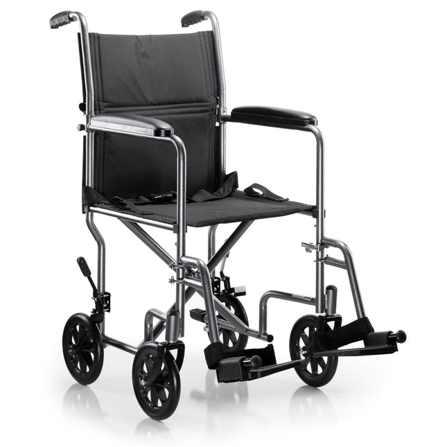 McKesson | Lightweight Transport Chair McKesson Steel Frame with Silver Vein Finish 250 lbs. Weight Capacity Fixed Height / Padded Arm Black Upholstery | 146-TR39E-SV