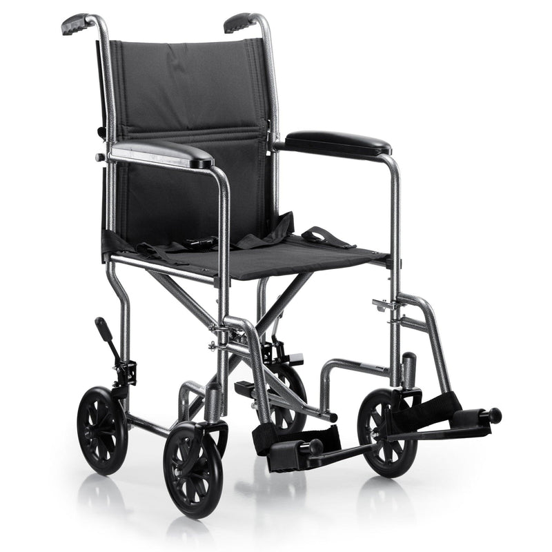 Lightweight Transport Chair McKesson Steel Frame with Silver Vein Finish 250 lbs. Weight Capacity Fixed Height / Padded Arm Black Upholstery 146-TR39E-SV