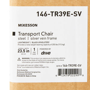 Lightweight Transport Chair McKesson Steel Frame with Silver Vein Finish 250 lbs. Weight Capacity Fixed Height / Padded Arm Black Upholstery 146-TR39E-SV