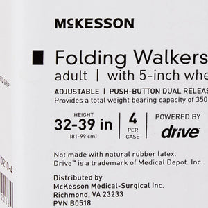 McKesson Folding Walker Adjustable Height Aluminum Frame 350 lbs. Weight Capacity 32 to 39 Inch Height 146-10210-4