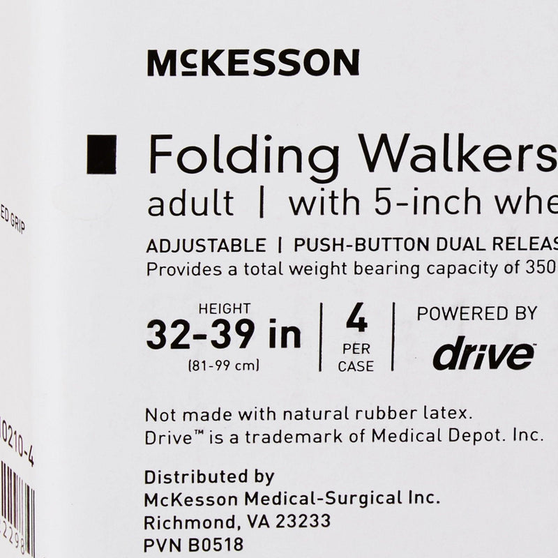 McKesson Folding Walker Adjustable Height Aluminum Frame 350 lbs. Weight Capacity 32 to 39 Inch Height 146-10210-4